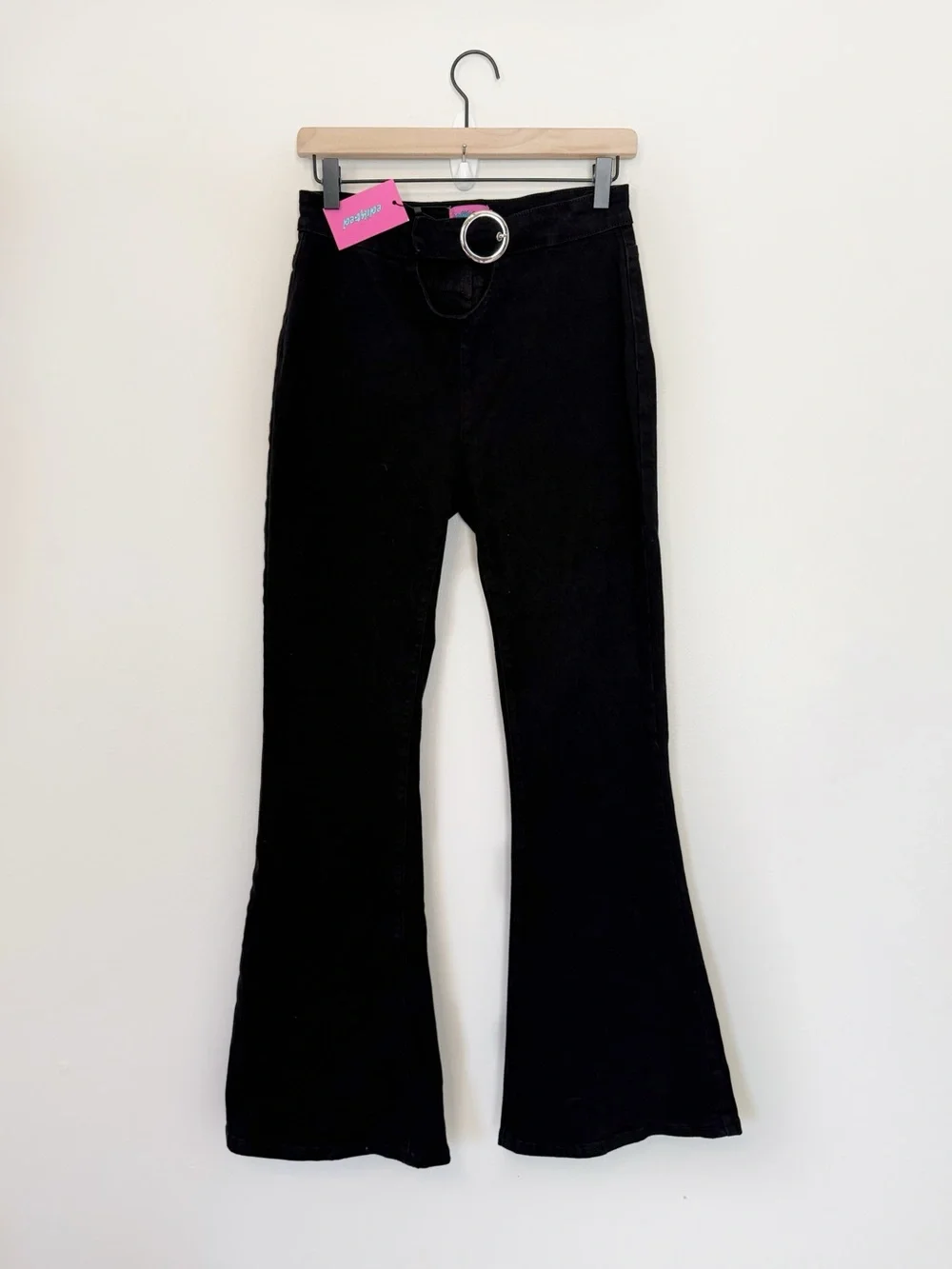 NWT Edikted Olympia Cut Out Buckle Keyhole Flare Jeans Black Size Medium